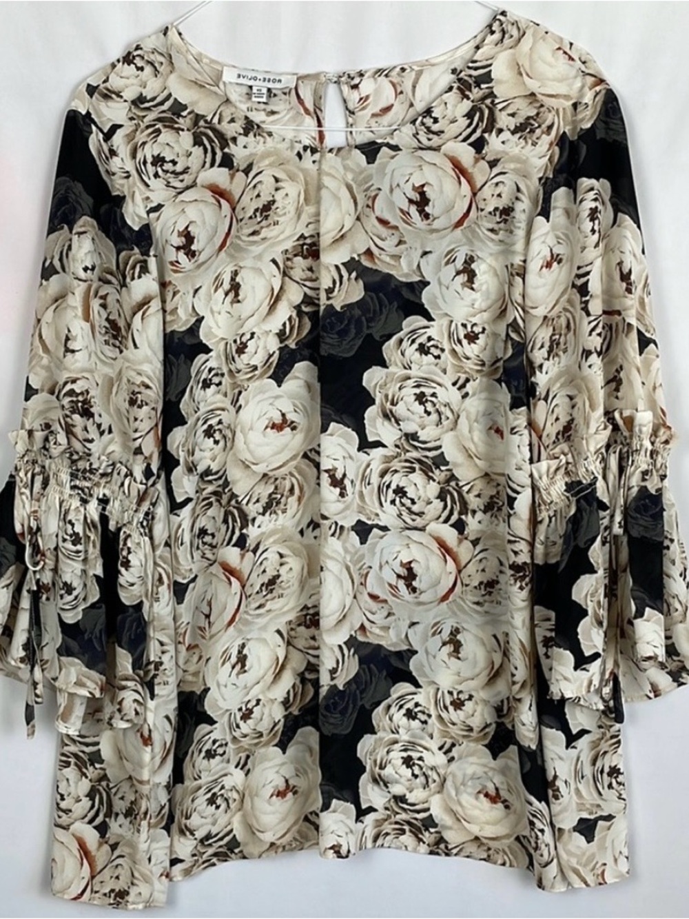 Rose + Olive Sheer Cream & Black Floral Chiffon Blouse w/Bell Sleeves - Size 2X